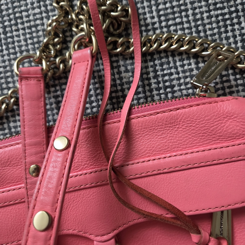 Rebecca Minkoff Coral Pink Leather Crossbody Bag Gold Chain - Picture 13 of 16